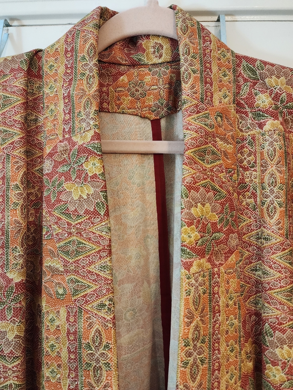 Japanese Kimono Floral Rust Gold Wrap Robe Jacket Fits Up To 1X Asian Unlined - Picture 5 of 8